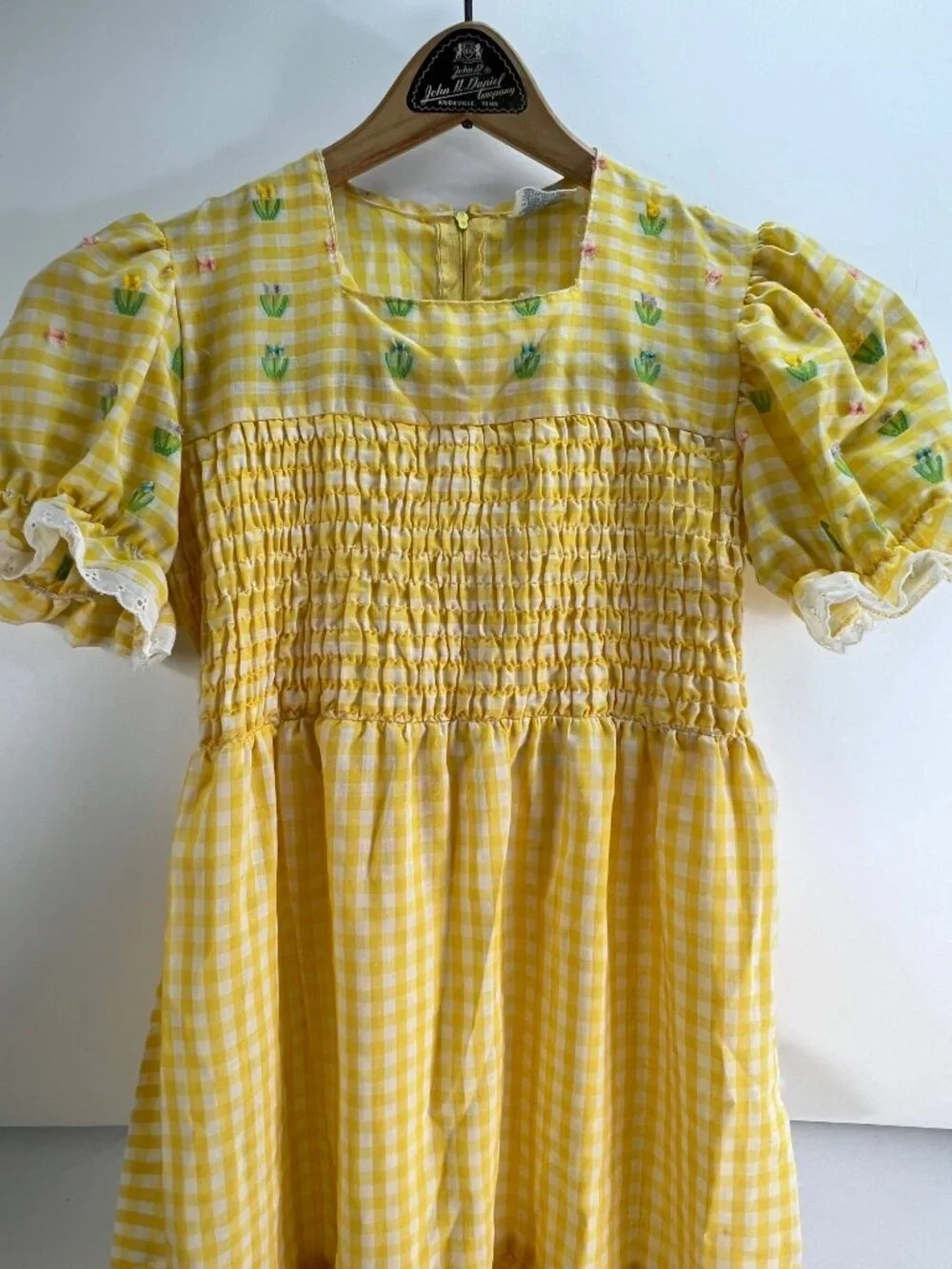 VTG Sears Growing Girl Yellow Gigham Prarie Dress sz 10 Smocked Checked